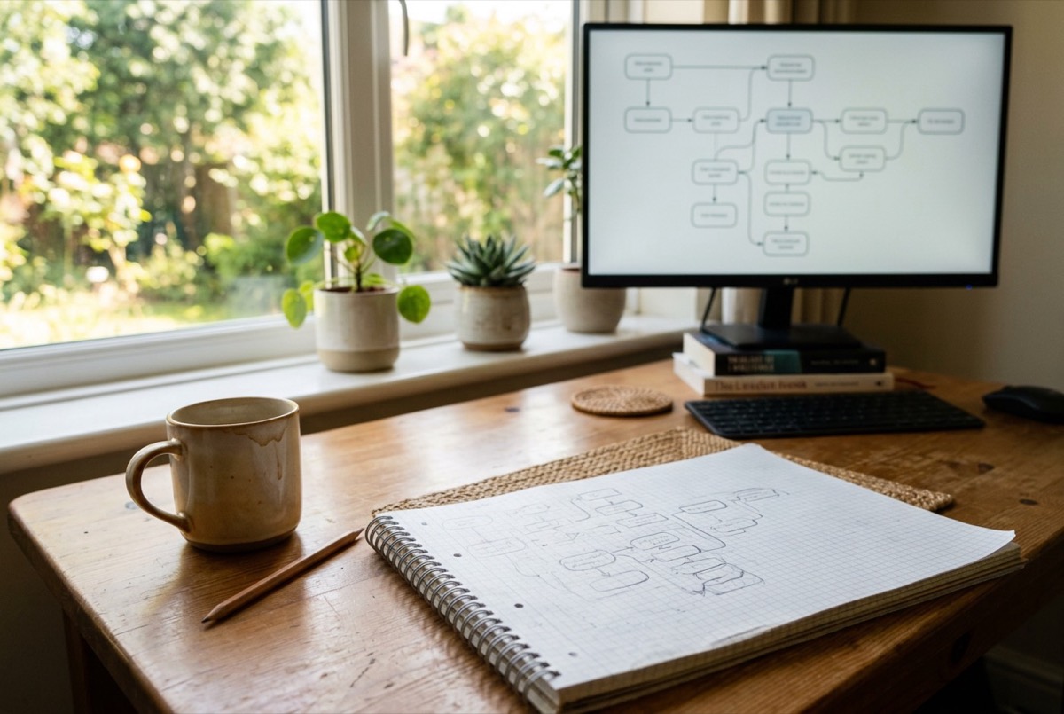 AI-generated illustration: a monitor showing a system diagram on a desk by a sunny window