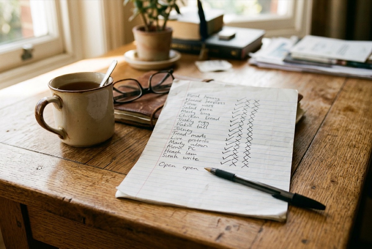 AI-generated illustration: a handwritten tally sheet on an oak desk beside a mug and glasses