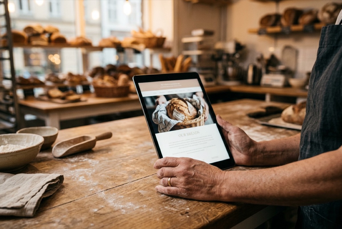 AI-generated illustration: a baker holding a tablet that shows the bakery website