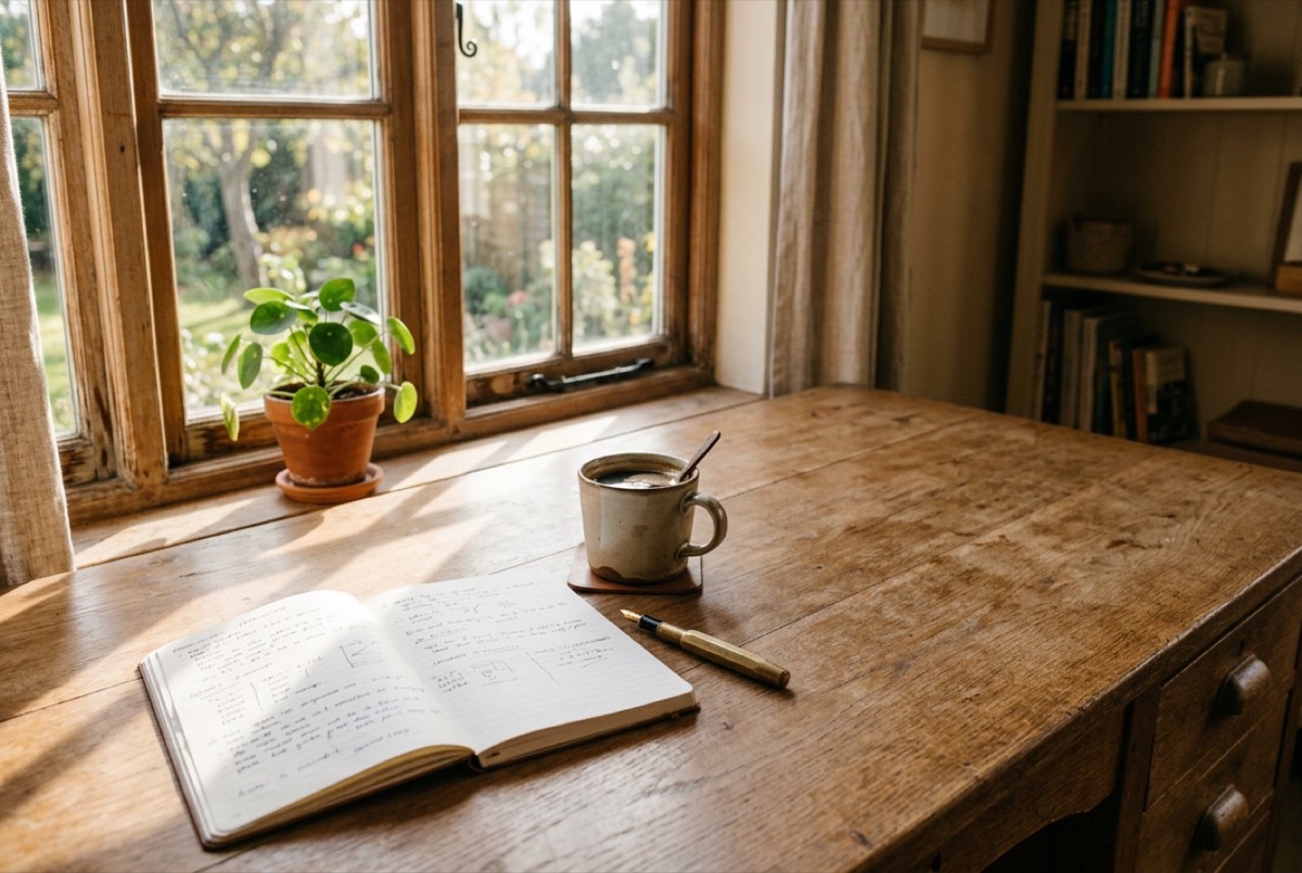 AI-generated illustration: an open notebook on an oak desk in morning light