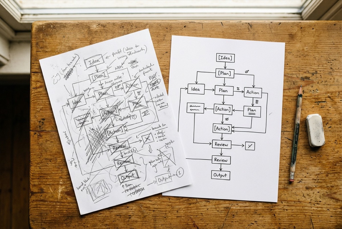 AI-generated illustration: two sheets of sketches and a tidy flow chart on an oak desk