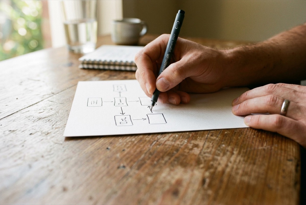 AI-generated illustration: a hand sketching a small diagram on paper
