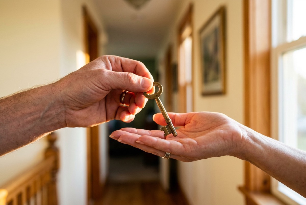 AI-generated illustration: one person handing a house key to another in a hallway