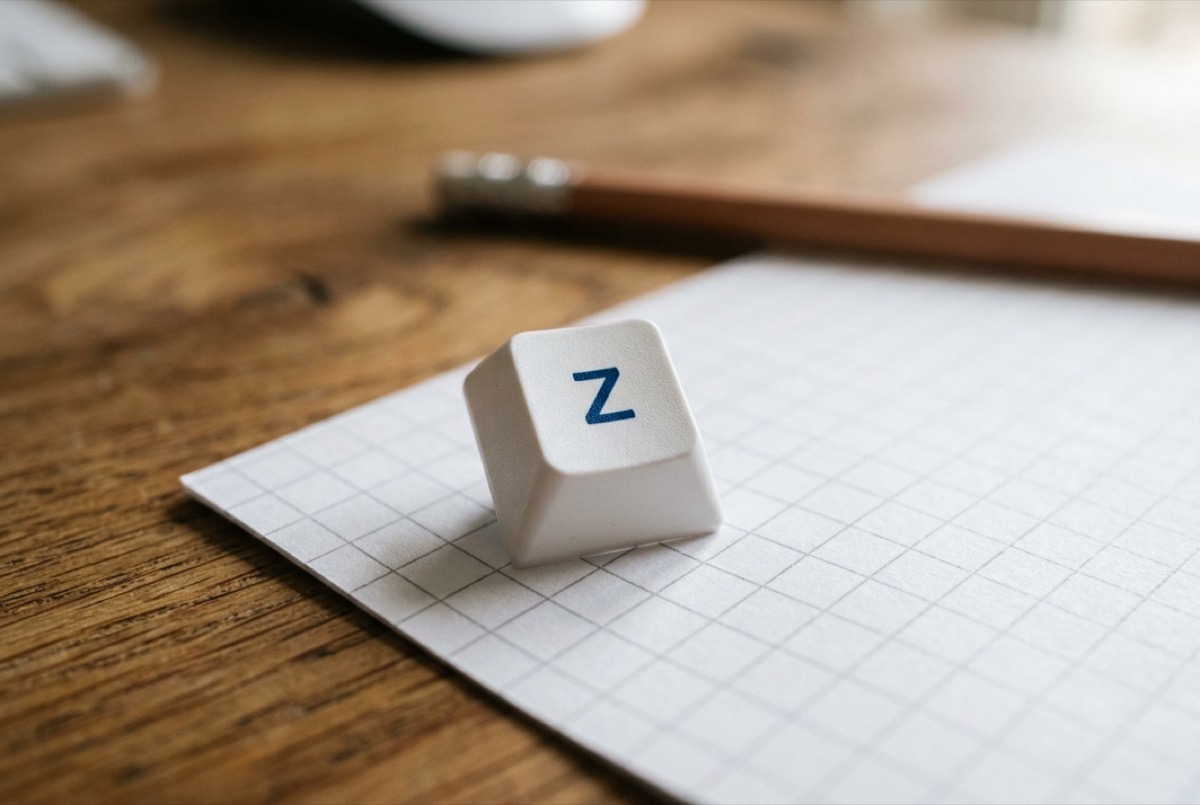 AI-generated illustration: a single Z keycap resting on grid paper