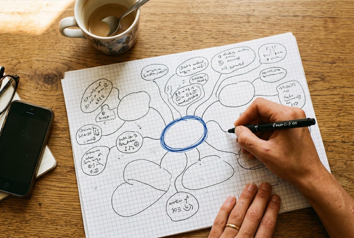 AI-generated illustration: a hand drawing a mind map on grid paper