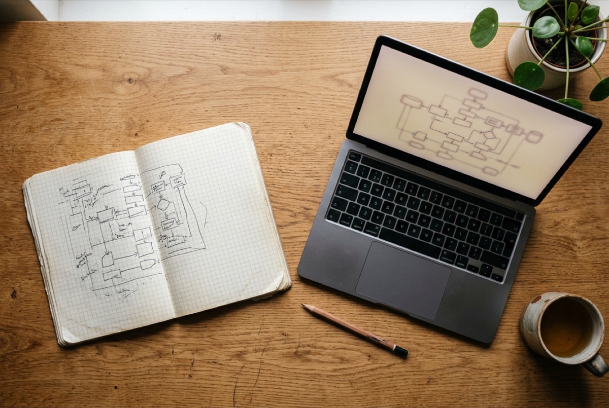 AI-generated illustration: a notebook of sketches and a laptop on a sunlit oak desk