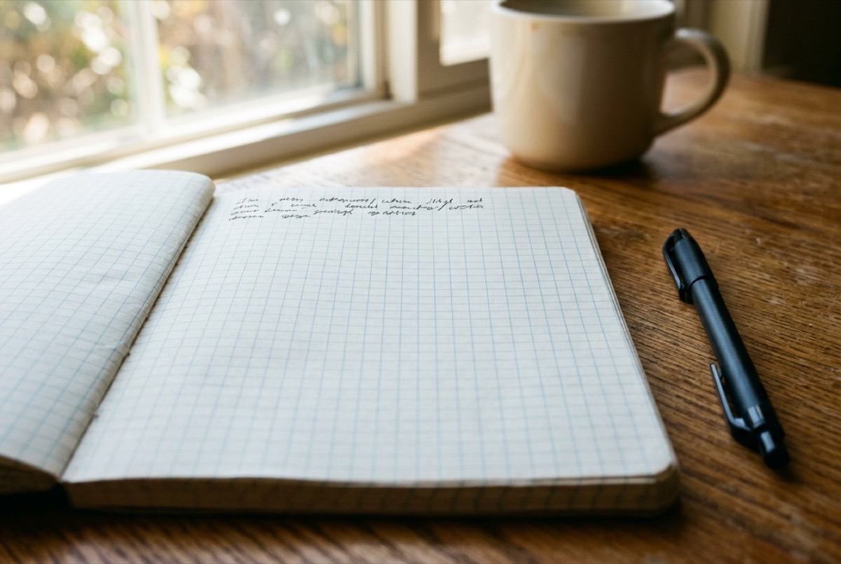 AI-generated illustration: an open notebook with one handwritten line, a pen and a mug